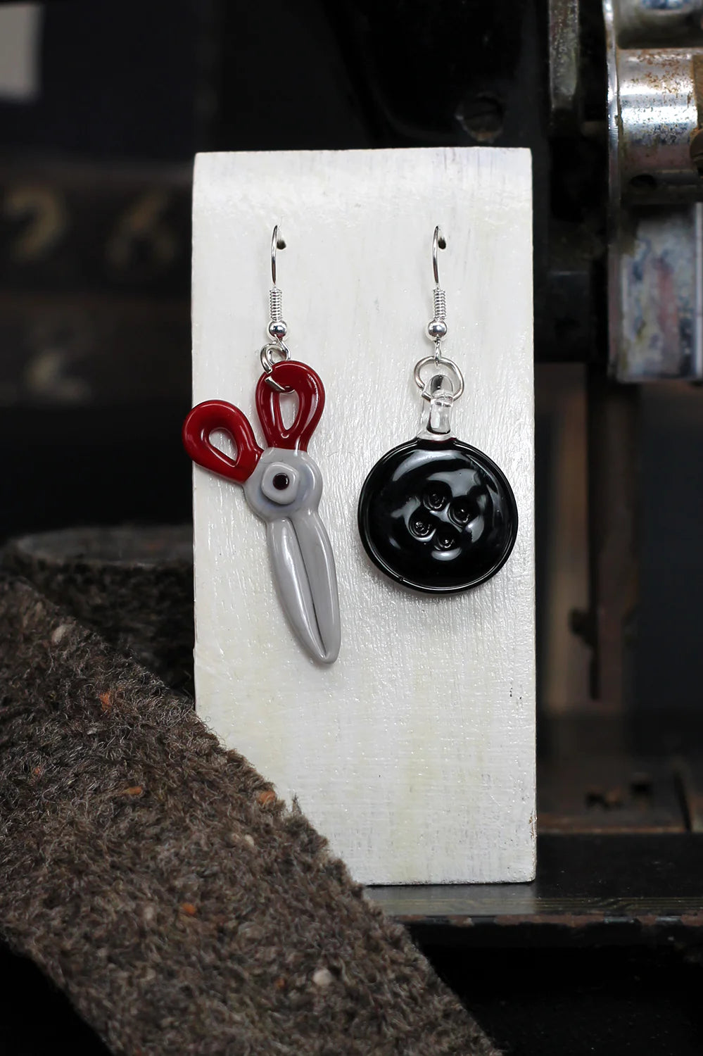 Black button and scissor earrings